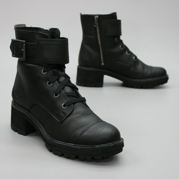 Timberland Ladies 8.5 Black Leather Platform Biker Side-zip Ankle Boots - A2D1H - Picture 1 of 12